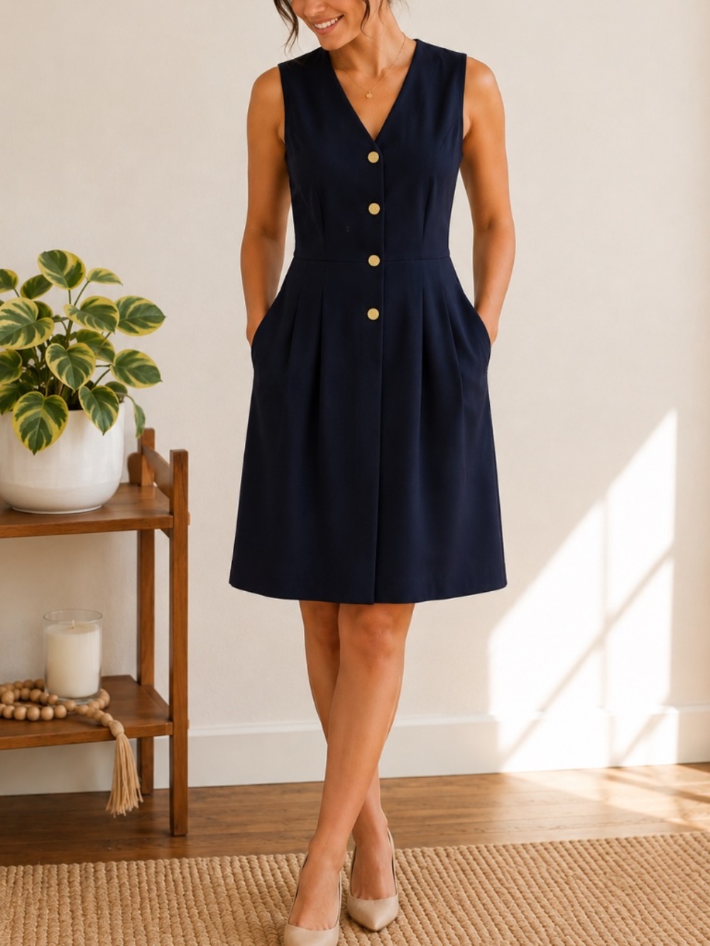 DKNY Navy Tailored Dress - Gold Logo Buttons - Pockets - Stretch - Minimalist 8